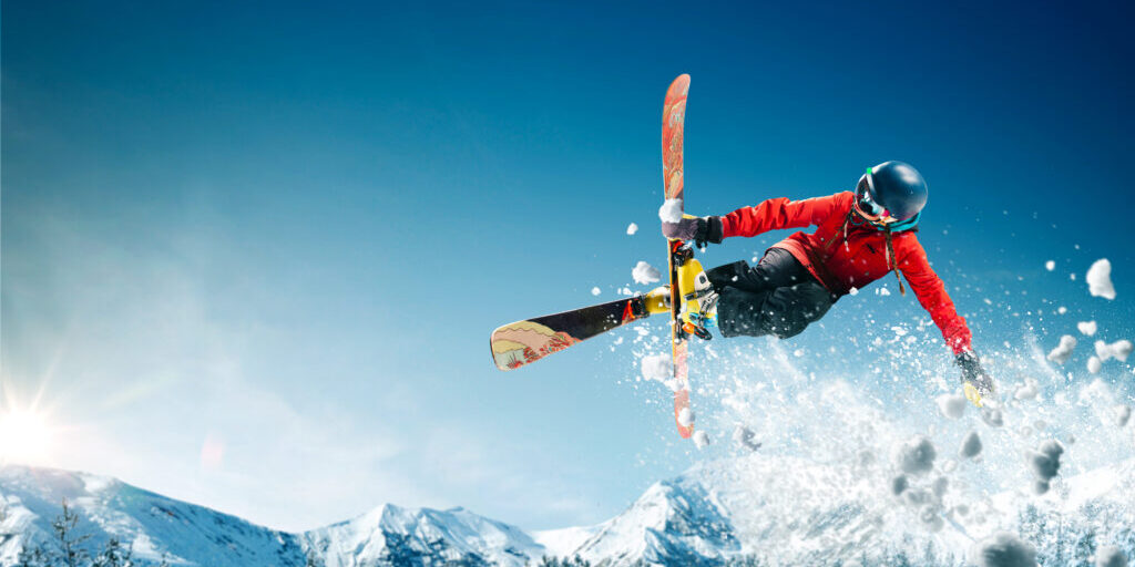 Skiing. Jumping skier. Extreme winter sports.